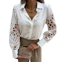 Elegante Damen-Bluse aus Spitze, Patchwork-Satin, V-Ausschnitt, Knopfleiste, lässig, Büro, Arbeit, weiß, 36-38 von OARTO