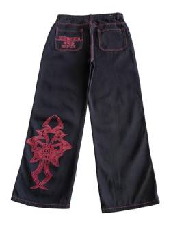 OATSBAS Y2K Beggy Jeans für Damen und Herren, Denim-Hose, Totenkopf-Stickerei, Gothic-Jeans, gerades Bein, schwarz / rot, Mittel von OATSBAS