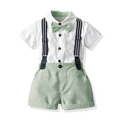 Baby Jungen Gentleman Anzüge, Kinder Kurzarm Bowtie Shirt Strampler + Hosenträger Shorts Overalls Festliche Taufe Hochzeit Gentleman Shorts Set Grün 18-24M von OBEEII