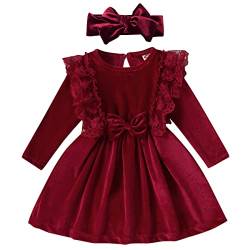 Baby Mädchen Langarm Samtkleid A Line Prinzessin Winterkleid + Stirnband Herbst Winter Hochzeit Festlich Abendkleid Kleidung Rot 12-18 Monate von OBEEII