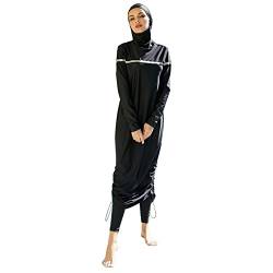 Conservative Damen-Bademode, Muslimische Bademode, bescheidener islamischer Bikini, Badeanzug, Strandmode Einfarbiges Langarm-Oberteil + Hose + Hijab Damen Badeanzug Dreiteiliges Set Schwarz06 XL von OBEEII