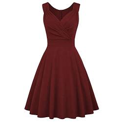 Damen 50er 60er Jahre Faltenrock Retro Kleider Rockabilly Kleid Knielang Vintage Kleid V Ausschnitt Swing Party Cocktailkleider Weinrot M von OBEEII