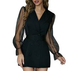 Damen Blazer Kleid Elegant Sheer Mesh Langarm V-Ausschnitt Business Hemdkleid Double-Breasted Freizeit Club Partykleid Cocktailkleid Minikleider mit Gürtel Schwarz S von OBEEII