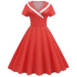 Damen Kurzarm Vintage Rockabilly Kleid 1950er Jahre Swing Cocktail Kleid Polka Dots Festlich Abendkleid Rot XXL von OBEEII