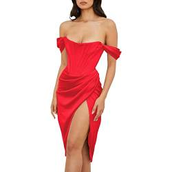 Damen Satin Kleid Ärmellos Off The Shoulder Bodycon Cocktailkleid Party Hochzeit Kleid Knielang Geteilter Saum Abendkleid Business Formal Kleid Rot X-Large von OBEEII