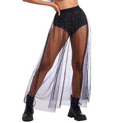 Glitzer Rock Damen Festival Party Rock Mit Mesh Transparent Rock Mit Hose Drunter 2 In 1 Rock Frezeit Strand Clubwear Disco Maxi Röcke Schwarz02 L von OBEEII