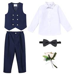 OBEEII 5-teiliges Einschulung Junge Outfit, Kinder Anzug Hochzeit Jungen, Weste + Hemd + Shorts + Fliege + Blumenbrosche Navy01 8-9 Jahre von OBEEII