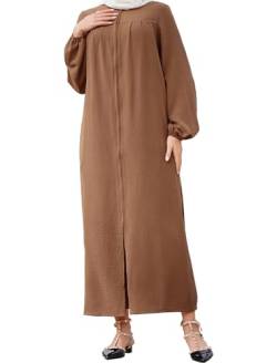 OBEEII Abaya Muslim Damen Einfarbig Muslimisches Kleid Islamische Gebetskleidung Naher Osten Dubai Türkisches Robe in voller Länge Stehkragen Reißverschluss Karamell 4XL von OBEEII