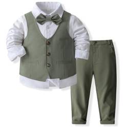 OBEEII Baby Jungen Anzug Set Formelle Kleidung Set Hemd + Weste + Fliege + Hosen 4tlg Kleidung Outfits Hochzeit Festliche Anzüge Geburtstagsparty Taufkleidung Olivgrün 2-3 Jahre von OBEEII