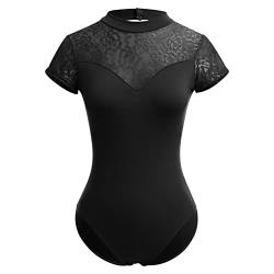 OBEEII Damen Body Spitze Ausschnitt Ballett Tanzbody Leotard Ballettanzug Bodysuit Gymnastik Turnanzug Trikot Oberteile Top Sport Fitness Kostüm Schwarz01 L von OBEEII