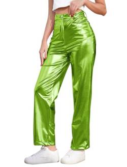 OBEEII Damen Glänzende Metallic Hosen Holographische Hohem Bund PU-Leder Streetwear Hip Hop Party Disco Clubwear Freizeit Casual Sweathose Jogginghose Hosen Grün L von OBEEII