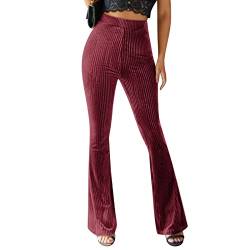 OBEEII Damen High Wasit Flare Schlaghose Bootcut Elastisch Weites Bootleg-Hose mit Bauchkontrolle Schlaghose Casual Sporthose Strick Hose Rotwein Medium von OBEEII