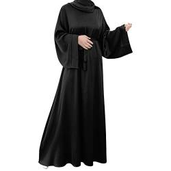 OBEEII Damen Muslime Kleid Islamische Kleidung - Naher Osten Türkei Satin-Gewand für Damen mit Bischofsärmeln Lange Robe fur Ramadan Beten Party Muslim Frauen Einfarbig Kleid Schwarz02 L von OBEEII