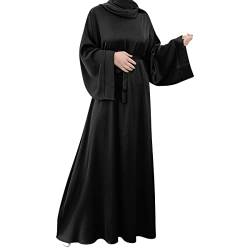 OBEEII Damen Muslime Kleid Islamische Kleidung - Naher Osten Türkei Satin-Gewand für Damen mit Bischofsärmeln Lange Robe fur Ramadan Beten Party Muslim Frauen Einfarbig Kleid Schwarz02 XL von OBEEII