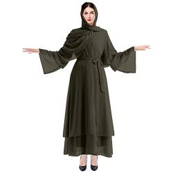 OBEEII Damen Muslimische Freizeitjacke Soild Lange Ärmel Lange Vintage Fasion Kleider Strickjacke in Voller Sonnenschutz mit Hijab- Moslemische Normallack-Dubai Kleider Damen Armeegrün + Bandana XL von OBEEII