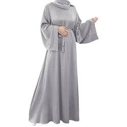 OBEEII Damen Muslimischer Ethnischer Islam Retro Einfarbig Ausgestellte Langarm Lose Pullover Maxi Kleid Robe Ärmel des Bischofs Gebetskleid Vollständige Abdeckung Grau02 L von OBEEII