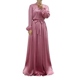 OBEEII Damen Muslimischer Ethnischer Islam Retro Einfarbig Ausgestellte Langarm Lose Pullover Maxi Kleid Robe Ärmel des Bischofs Gebetskleid Vollständige Abdeckung Rosa S von OBEEII