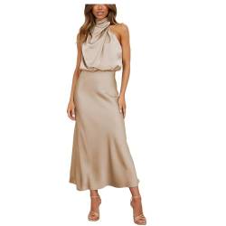 OBEEII Damen Satin Kleid Lang Abendkleider Ärmellos Elastische Taille Hochzeit Cocktailkleid Elegant Formal Hochzeitsgast Party Maxi Kleider GQQT007 XL von OBEEII