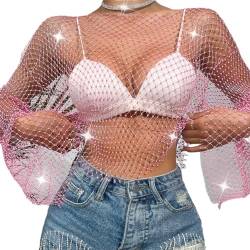 OBEEII Damen Sexy Transparent Glitzer Strass Mesh Langarm Oberteil Festival Rave Party Top Rosa L von OBEEII