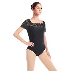 OBEEII Damen Spitze Ausschnitt Kurzarm Spandex Bodysuit Ballett Gymnastik Tanz Body Trikot Tanzkleidung von OBEEII