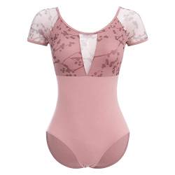 OBEEII Damen Spitze Ausschnitt Kurzarm Spandex Bodysuit Ballett Gymnastik Tanz Body Trikot Tanzkleidung… Bohnenrosa M von OBEEII