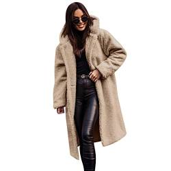 OBEEII Fleecejacke Damen,Teddy Fleece Winterjacke Mantel Damen Lang Warm Gefüttert Winter Kapuzenpullover Flauschig Plüschjacke Winterjacke mit Kapuze und Taschen Apricot L von OBEEII