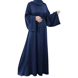 OBEEII Frauen Muslimische Arabischer Islamischer Kaftan Satin Retro Mittlerer Osten Maxi Kleid Robe Ärmel des Bischofs Gebetskleid Vollständige Abdeckung fur Ramadan Beten Party Marineblau02 XXL von OBEEII