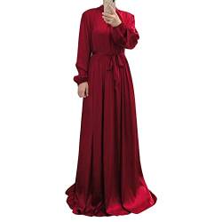 OBEEII Frauen Muslimische Arabischer Islamischer Kaftan Satin Retro Mittlerer Osten Maxi Kleid Robe Ärmel des Bischofs Gebetskleid Vollständige Abdeckung fur Ramadan Beten Party Weinrot S von OBEEII