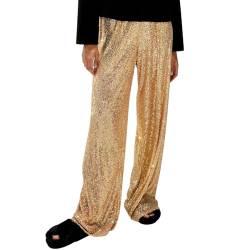 OBEEII Glitzer Hose Damen Pailettenhose Weites Bein Hose Elastische Taille Lose Fit Glitzerhosen Elegant Frauen Freizeithose Party Festival Club Mode Hosen Gold S von OBEEII