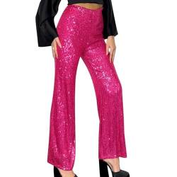 OBEEII Glitzer Hose Damen Pailettenhose Weites Bein Hose Elastische Taille Lose Fit Glitzerhosen Elegant Frauen Freizeithose Party Festival Club Mode Hosen Hot Pink M von OBEEII