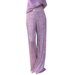 OBEEII Glitzer Hose Damen Pailettenhose Weites Bein Hose Elastische Taille Lose Fit Glitzerhosen Elegant Frauen Freizeithose Party Festival Club Mode Hosen Rosa L von OBEEII