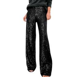 OBEEII Glitzer Hose Damen Pailettenhose Weites Bein Hose Elastische Taille Lose Fit Glitzerhosen Elegant Frauen Freizeithose Party Festival Club Mode Hosen Schwarz M von OBEEII