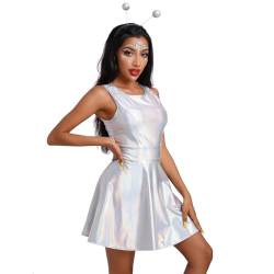 OBEEII Glitzer Kleid Damen Metallic Holographic Ärmellos A Linie Minikleid Faltenkleid Alien Kostüm Karneval Tanz Disco Club Partykleid Frauen Rave Outfit Silber M von OBEEII