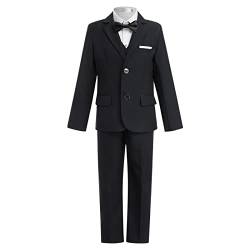 OBEEII Jungen Anzug Set Formelle Kleidung Set Sakko + Hemd + Weste + Hosen + Krawatte 5tlg Kleidung Outfits Hochzeit Festliche Anzüge Geburtstagsparty Taufkleidung Schwarz01 13-14 Jahre von OBEEII