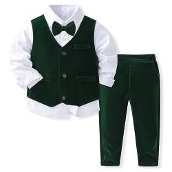 OBEEII Jungen Anzug Set Formelle Kleidung Set Weste + Hemd mit Fliege + Hosen 3tlg Kleidung Outfits Hochzeit Festliche Anzüge Geburtstagsparty Taufkleidung Dunkelgrün 6-7 Jahre von OBEEII