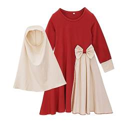 OBEEII Kind Kleinkind Mädchen Muslimisches Islamische Kleidung Set Ramadan Abaya für Muslimische islamische Babymädchen Maxi Gebetskleid mit Hijab 2 Stück Outfits Rot C 7-8 Jahre von OBEEII