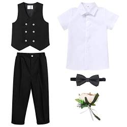 OBEEII Kinder Jungen Einschulung Kleidung Set Weste + Hemd + Hose + Fliege + Blumenbrosche 5tlg Outfit Hochzeit Festliche Anzüge Geburtstagsparty Taufkleidung Schwarz02 4-5 Jahre von OBEEII