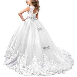 OBEEII Kleider Party Hochzeit Prinzessin Kleid Stickerei Prinzessin Festzug Kleider Abschlussball Ballkleid Blumenmaedchenkleid Formale Partei Lang Schwanz Kleider 6-7 Jahre Weiß von OBEEII