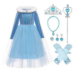 OBEEII Madchen Prinzessin ELSA Kleid Kostüm Eiskönigin 2 Langarm Samt ELSA Kostüm für Karneval Party, Verkleidung Halloween Fest 11-12 Jahre von OBEEII