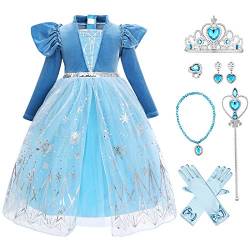 OBEEII Mädchen ELSA Kleid Schneekönigin Prinzessin Karneval Kostüm Schneeflocke Tüll Kleid Weihnachten Verkleidung Geburtstag Partykleid 8-9 Jahre von OBEEII