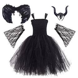 OBEEII Mädchen Kinder Hexen Maleficent Kostüm Fasching Karneval Mesh Tüll Prinzessin Kleid Mädchen Tanzkleid Tütü Rock Schwarz 4Stück 9-10 Jahre von OBEEII