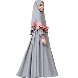 OBEEII Mädchen Muslimisches Kleidung Set Kinder Baby Mädchen Islamische Abaya Langarmkleid mit Hijab 2 Stück Outfits Dubai Ramadan Corban Traditionelle Bekleidungssets Grau B 5-6 Jahre von OBEEII