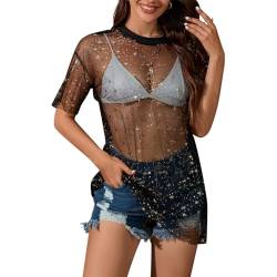 OBEEII Mesh Top Damen Glitzer Durchsichtiges Oberteil Sexy Netzstoff Shirt Cover Up Top Kleid Mit Stern Frauen Transparentes Rave Party Techno Club Festival Oberteil #Q0118 L von OBEEII