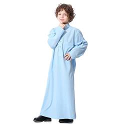 OBEEII Muslimische Kinder Jungen Thobe Islamischer Araber Dubai Naher Osten Langarm Robe Ramadan Corban Abaya Kaftan Gebetskleidung Blau 7-8 Jahre von OBEEII