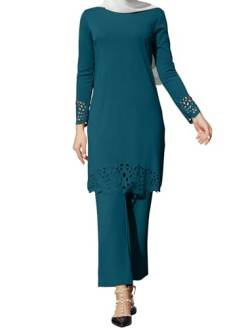 OBEEII Muslimische Kleider Set für Damen 2 Stück Langarm Oberteile Robe Und Hosen Naher Osten Arabisch Islamische Kleidung Pfauenblau L von OBEEII