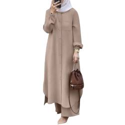 OBEEII Muslimische Kleider für Damen 2 Teiler Corban Ramadan Outfit Langarm Oberteile Robe Und Hosen Dubai Türkisches Naher Osten Arabisch Islamische Kleidung Khaki02 M von OBEEII