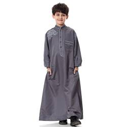OBEEII Muslimische Robe für Jungen, Kinder Mittlerer Osten Araber Dubai Islamischer Abaya Kaftan Gebetskleidung Langarm Teen Thobe Grau 13-14 Jahre von OBEEII
