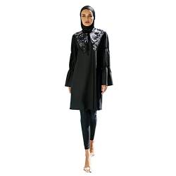 OBEEII Muslimischer Badeanzug für Damen, Dreiteiliger Einfarbiges Oberteil + Hose +Hijab Halstuch, Volle Abdeckung Damenmode Sexy Bikini-Set Sommerliches arabisches Langarm-Badeanzug-Set Schwarz01 L von OBEEII