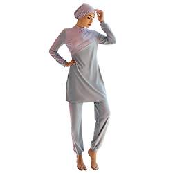 OBEEII Muslimischer Badeanzug für Damen, Dreiteiliger Einfarbiges Oberteil + Hose +Hijab Halstuch, Volle Abdeckung Damenmode Sexy Bikini-Set Sommerliches arabisches Langarm-Badeanzug-Setc Grau B M von OBEEII