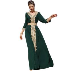 OBEEII Muslimisches Abendkleid für Damen, Dubai Stil Kaftan Robe in Voller Länge Stickerei Blumendruck Islamische Türkische Marokkanische Kleider für Ethnische, Hochzeit, Abend, Party Dunkelgrün L von OBEEII